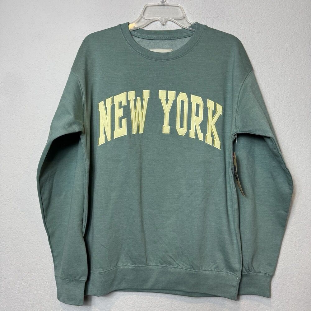 New York Popular Embroidered Sweatshirt Light Green w/ Yellow Letters Unisex M